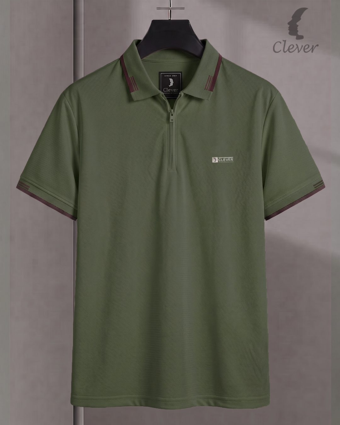 Dark Green Half-Zip Cotton Polo Shirt with Brown Trim