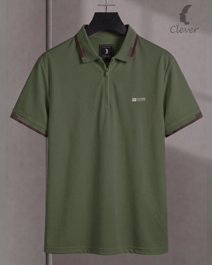 Dark Green Half-Zip Cotton Polo Shirt with Brown Trim