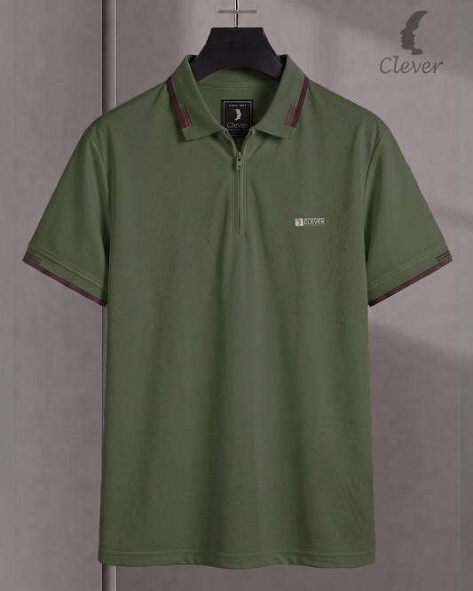 Dark Green Half-Zip Cotton Polo Shirt with Brown Trim