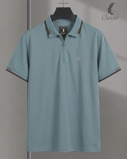 Mint Green Half-Zip Cotton Polo Shirt with Brown Trim