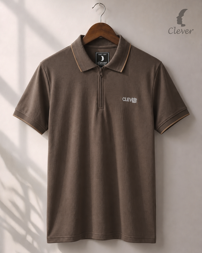 Brown Half-Zip Cotton Polo Shirt