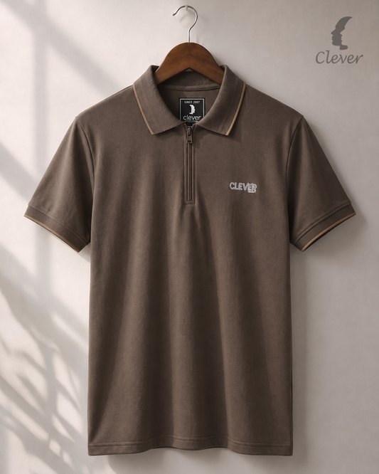 Brown Half-Zip Cotton Polo Shirt