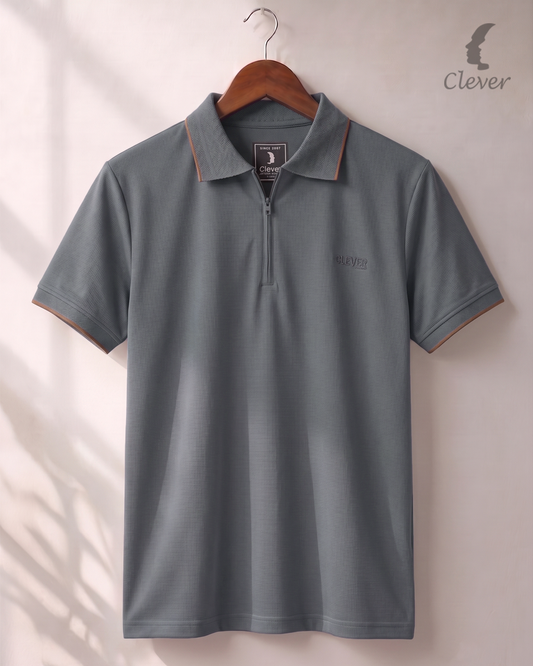 Metallic Blue Half-Zip Cotton Polo Shirt