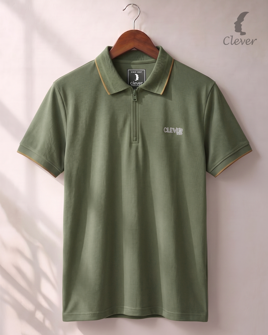 Olive Half-Zip Cotton Polo Shirt