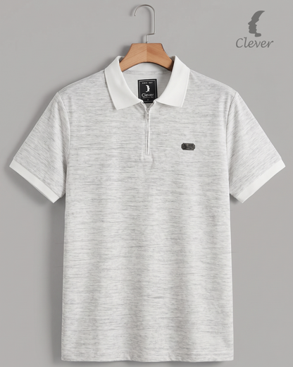 Off-white Half-Zip Melange Cotton Polo Shirt