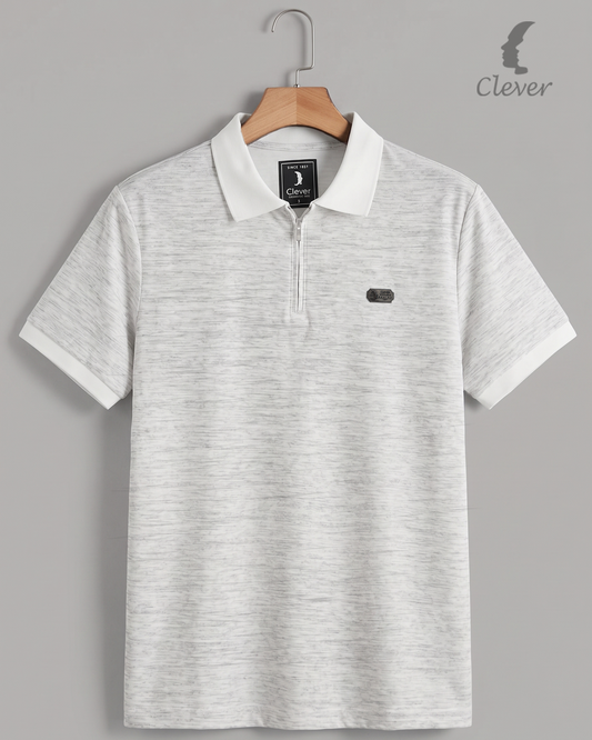 Off-white Half-Zip Melange Cotton Polo Shirt