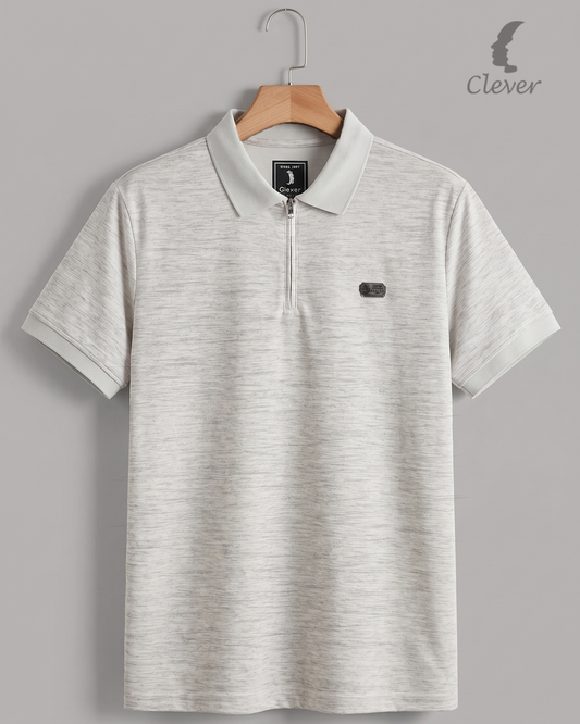 Silver Half-Zip Melange Cotton Polo Shirt