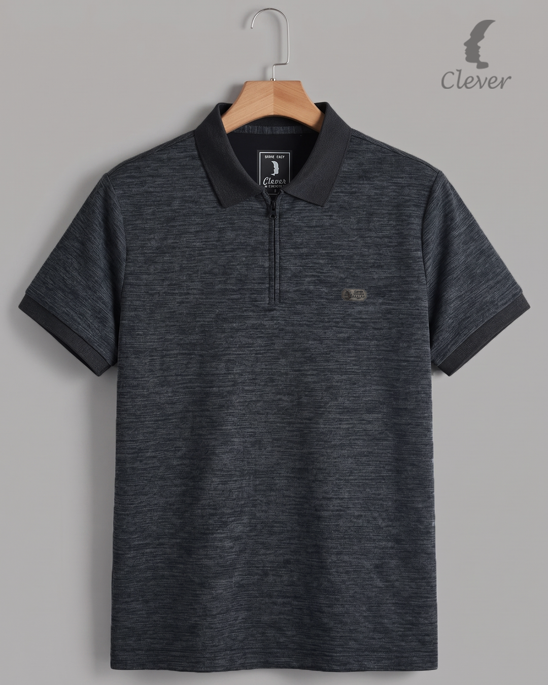 Black Half-Zip Melange Cotton Polo Shirt