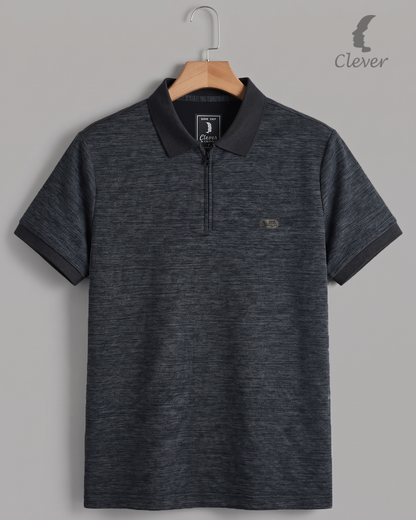 Black Half-Zip Melange Cotton Polo Shirt