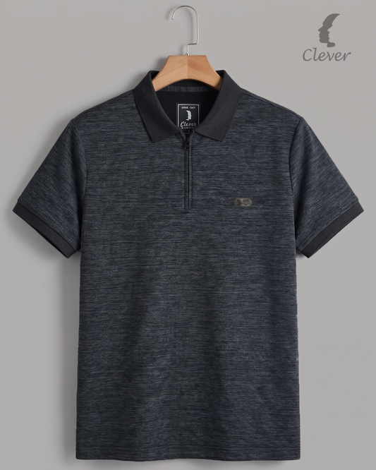 Black Half-Zip Melange Cotton Polo Shirt
