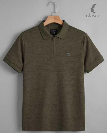 Khaki Half-Zip Melange Cotton Polo Shirt