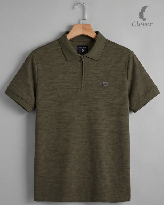 Khaki Half-Zip Melange Cotton Polo Shirt