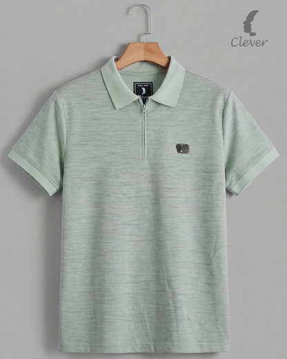 Mint Green Half-Zip Melange Cotton Polo Shirt