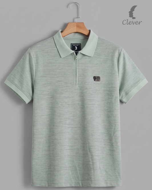 Mint Green Half-Zip Melange Cotton Polo Shirt