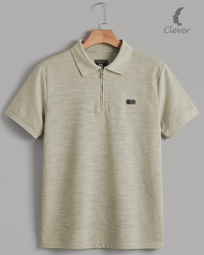 Beige Half-Zip Melange Cotton Polo Shirt