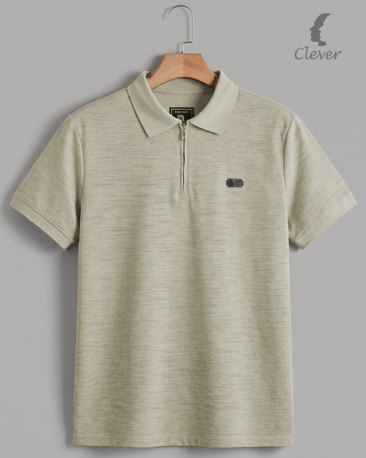Beige Half-Zip Melange Cotton Polo Shirt