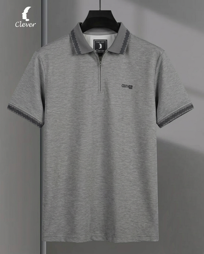 Light Grey Half-Zip Cotton Polo Shirt
