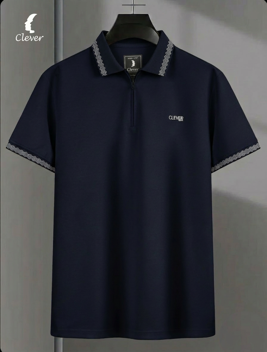Navy Blue Half-Zip Cotton Polo Shirt