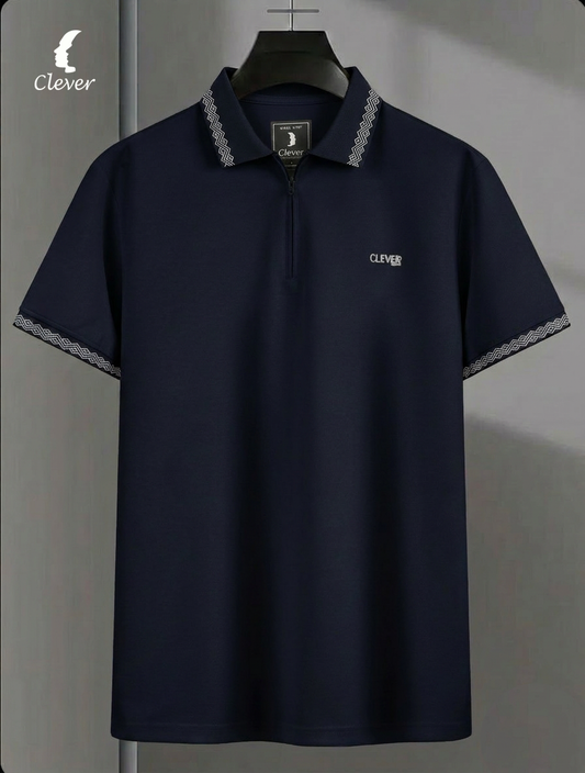 Navy Blue Half-Zip Cotton Polo Shirt
