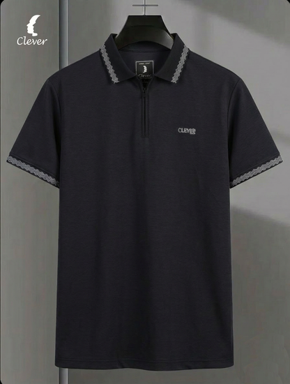 Metallic Grey Half-Zip Cotton Polo Shirt