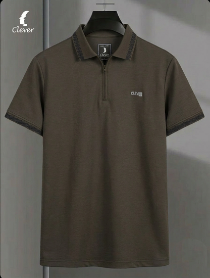 Olive Brown Half-Zip Cotton Polo Shirt