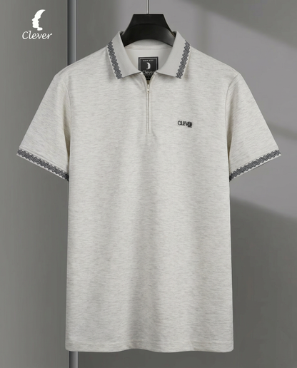 Light Beige Half-Zip Cotton Polo Shirt
