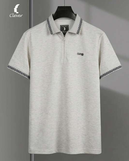 Light Beige Half-Zip Cotton Polo Shirt