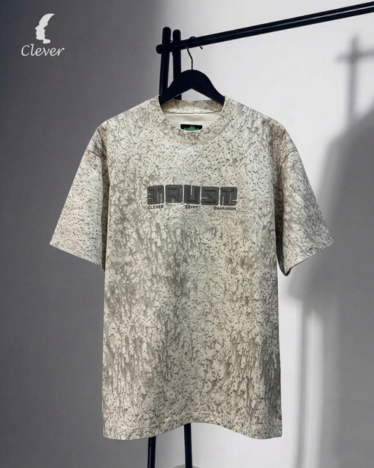 Beige Printed Over Size Round Cotton T-Shirt