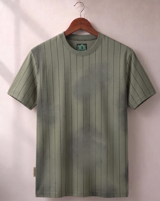 Khaki Over Size Vertical Stripe Cotton T-Shirt
