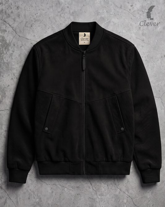 Ribbed fabric bomber jacket - black