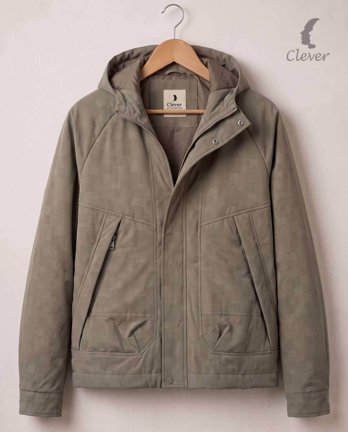 Hooded jacket with fine fabric -Khaki
