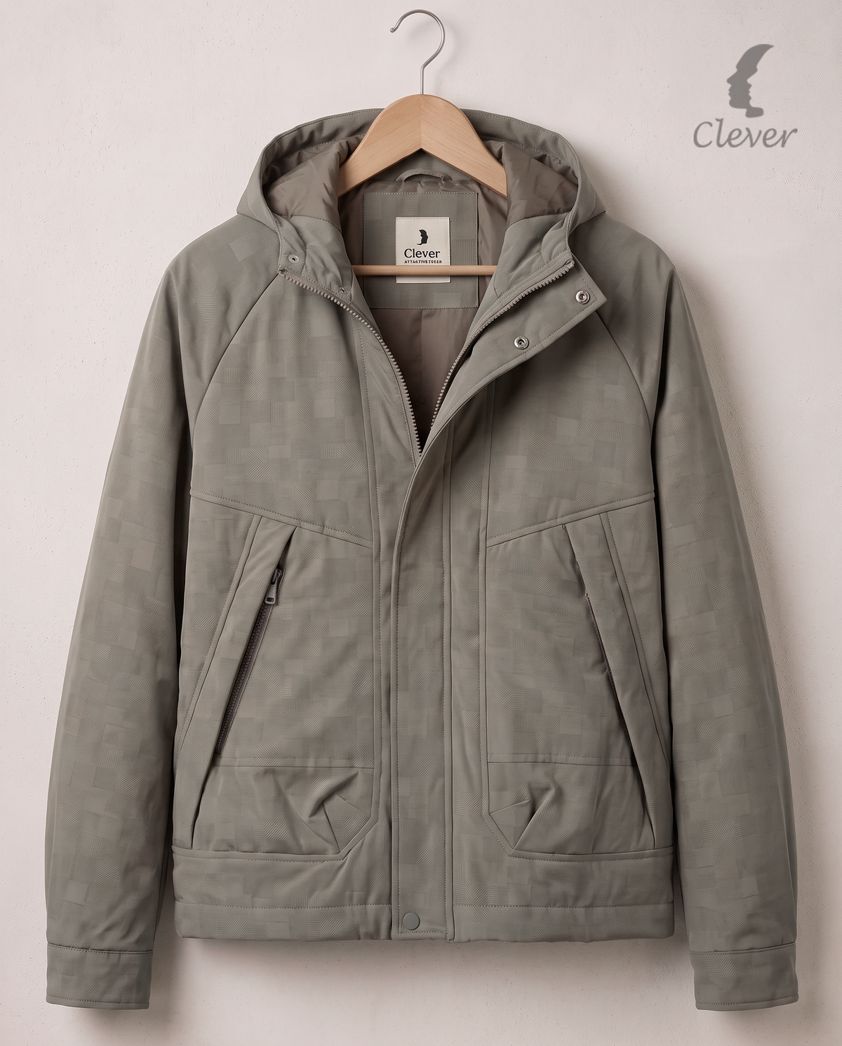 Men's Hooded Winter Jacket with Textured Pattern - Grey