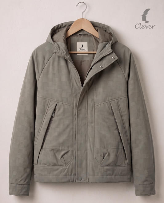 Men's Hooded Winter Jacket with Textured Pattern - Grey