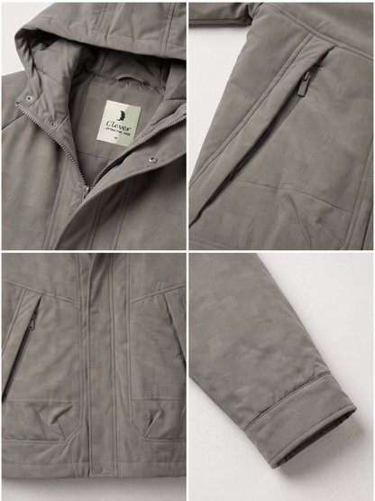 Men's Hooded Winter Jacket with Textured Pattern - Grey