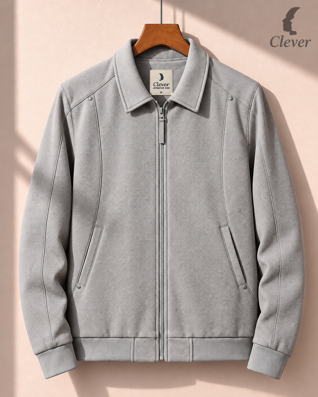 Jacket with a fold-down collar and fine ribbed fabric - light gray
