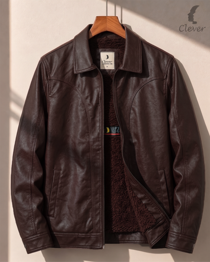 Classic Shearling-Lined Faux Leather Jacket - Dark Brown