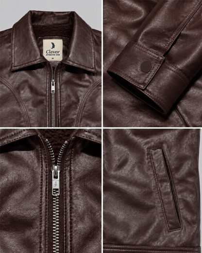 Classic Shearling-Lined Faux Leather Jacket - Dark Brown