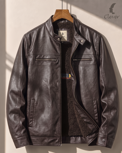 Classic Shearling-Lined Faux Leather Jacket - Dark Brown