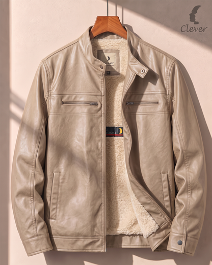 Classic Shearling-Lined Faux Leather Jacket - Beige