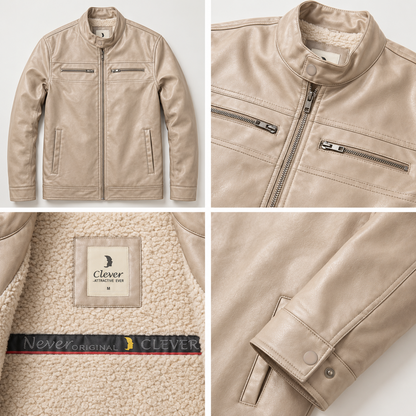 Classic Shearling-Lined Faux Leather Jacket - Beige