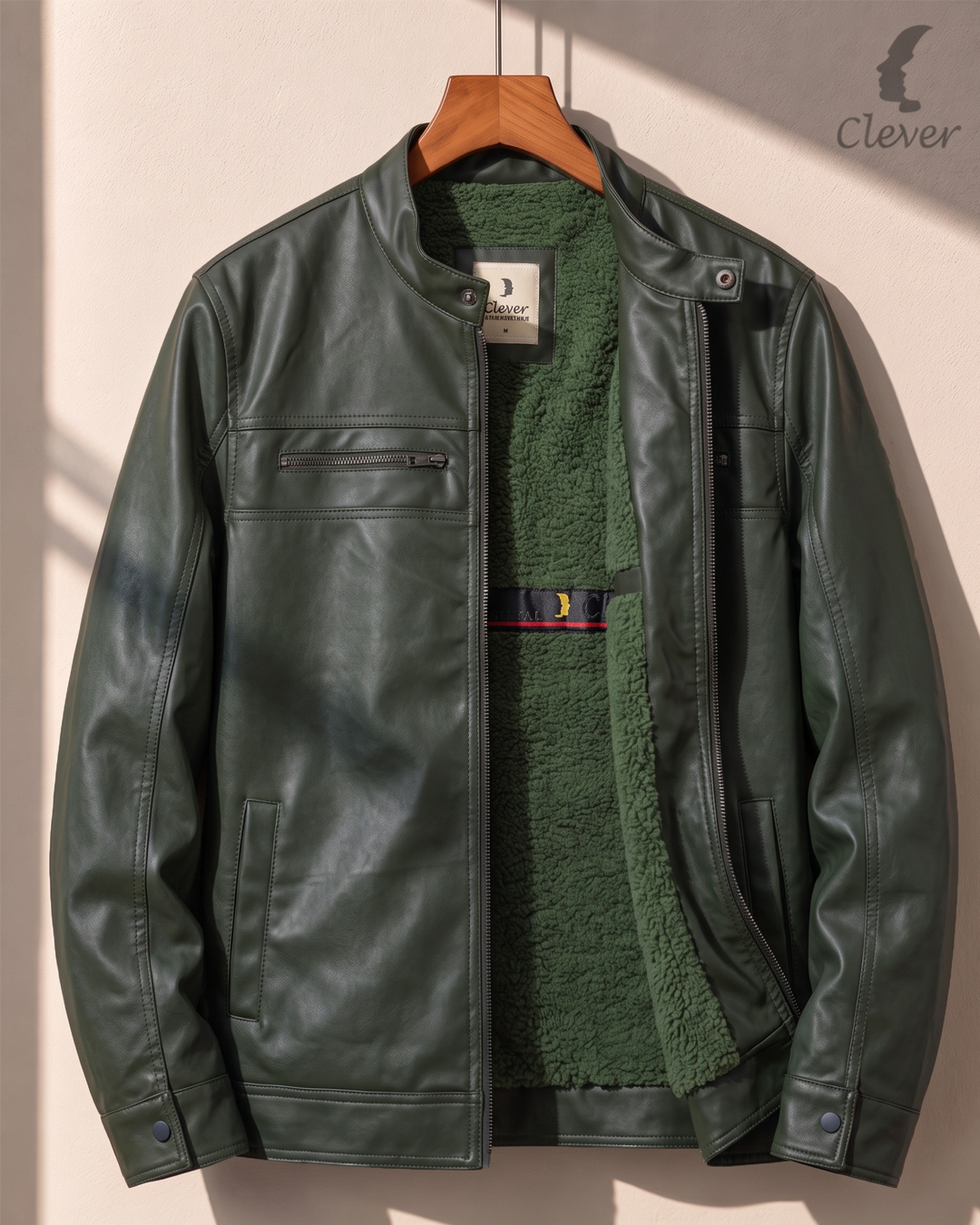 Classic Shearling-Lined Faux Leather Jacket - Olive Green