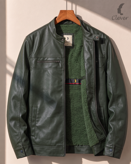 Classic Shearling-Lined Faux Leather Jacket - Olive Green