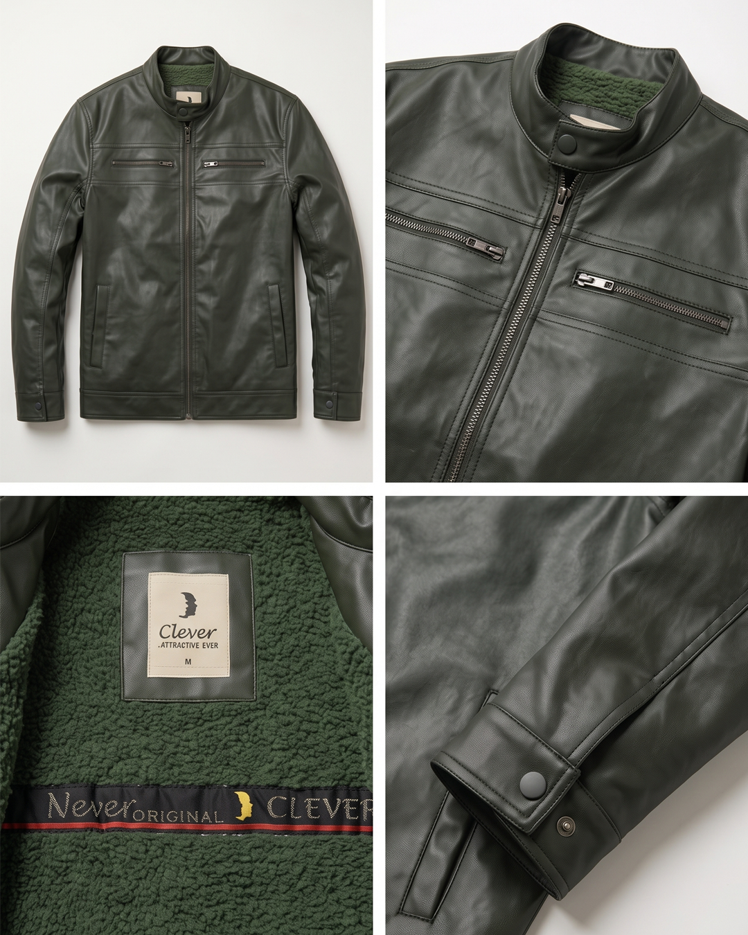 Classic Shearling-Lined Faux Leather Jacket - Olive Green