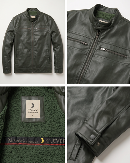 Classic Shearling-Lined Faux Leather Jacket - Olive Green