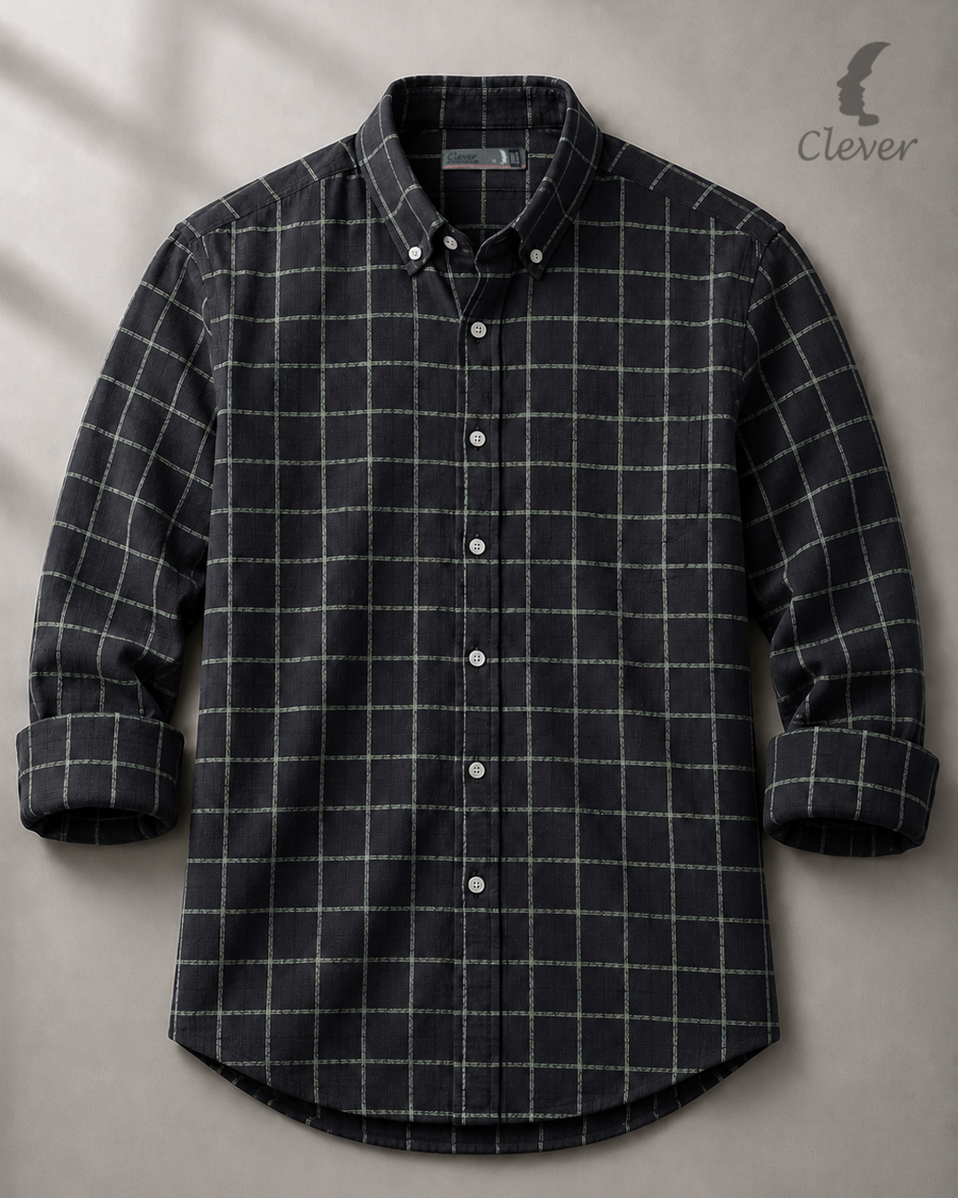 Black Checkered Long Sleeve Cotton Piqué Shirt