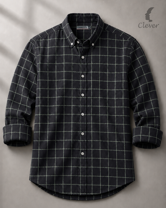 Black Checkered Long Sleeve Cotton Piqué Shirt