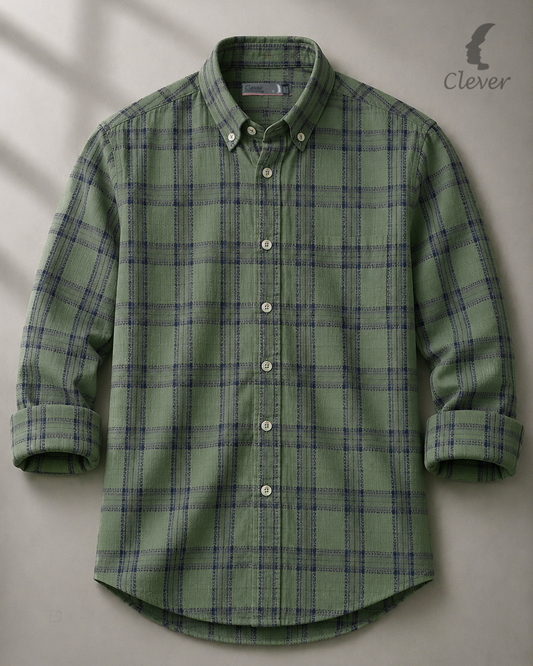 Green with Blue Line  Checkered Long Sleeve Cotton Piqué Shirt