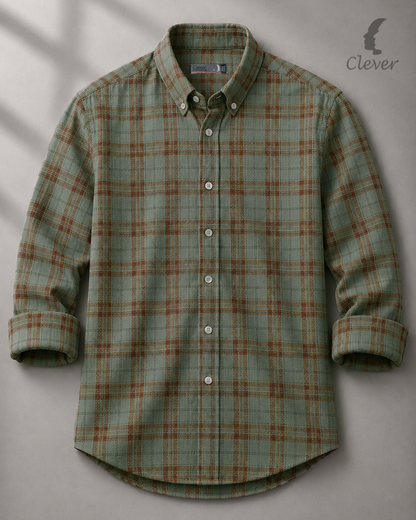 Green with Orange Line Checkered Long Sleeve Cotton Piqué Shirt