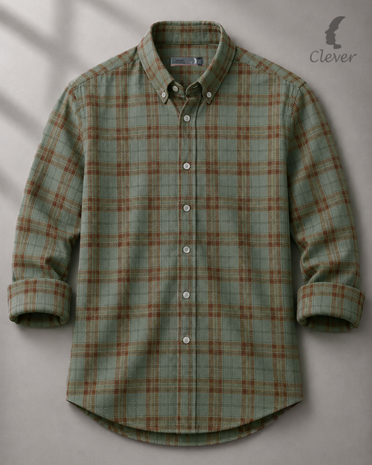 Green with Orange Line Checkered Long Sleeve Cotton Piqué Shirt