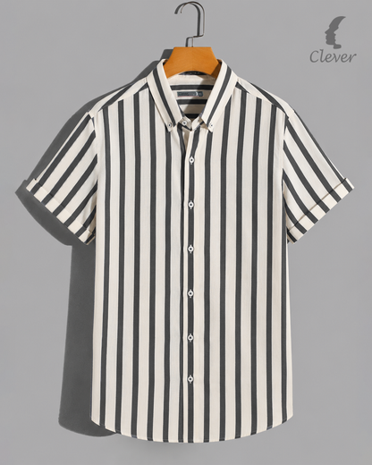 Black & White Short-Sleeve Shirt Striped Cotton Shirt